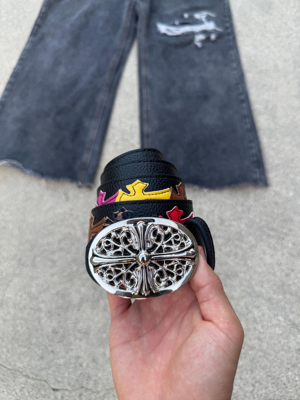 CH grunge silver stud belt leather crosses patch punk Y2K chrome silver e2