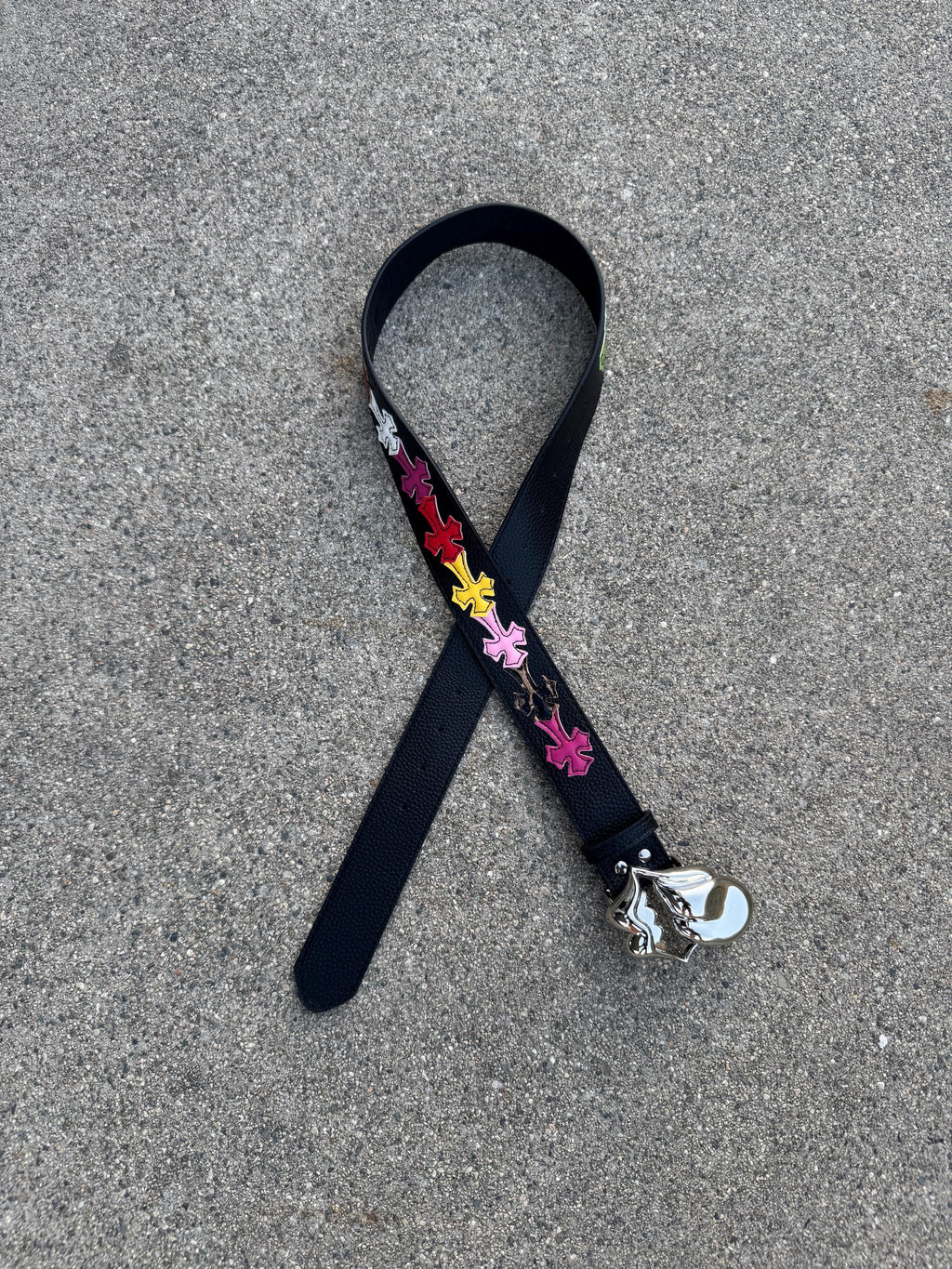 CH grunge silver Rolling Stones tounge belt leather crosses patch punk Y2K chrome silver e10