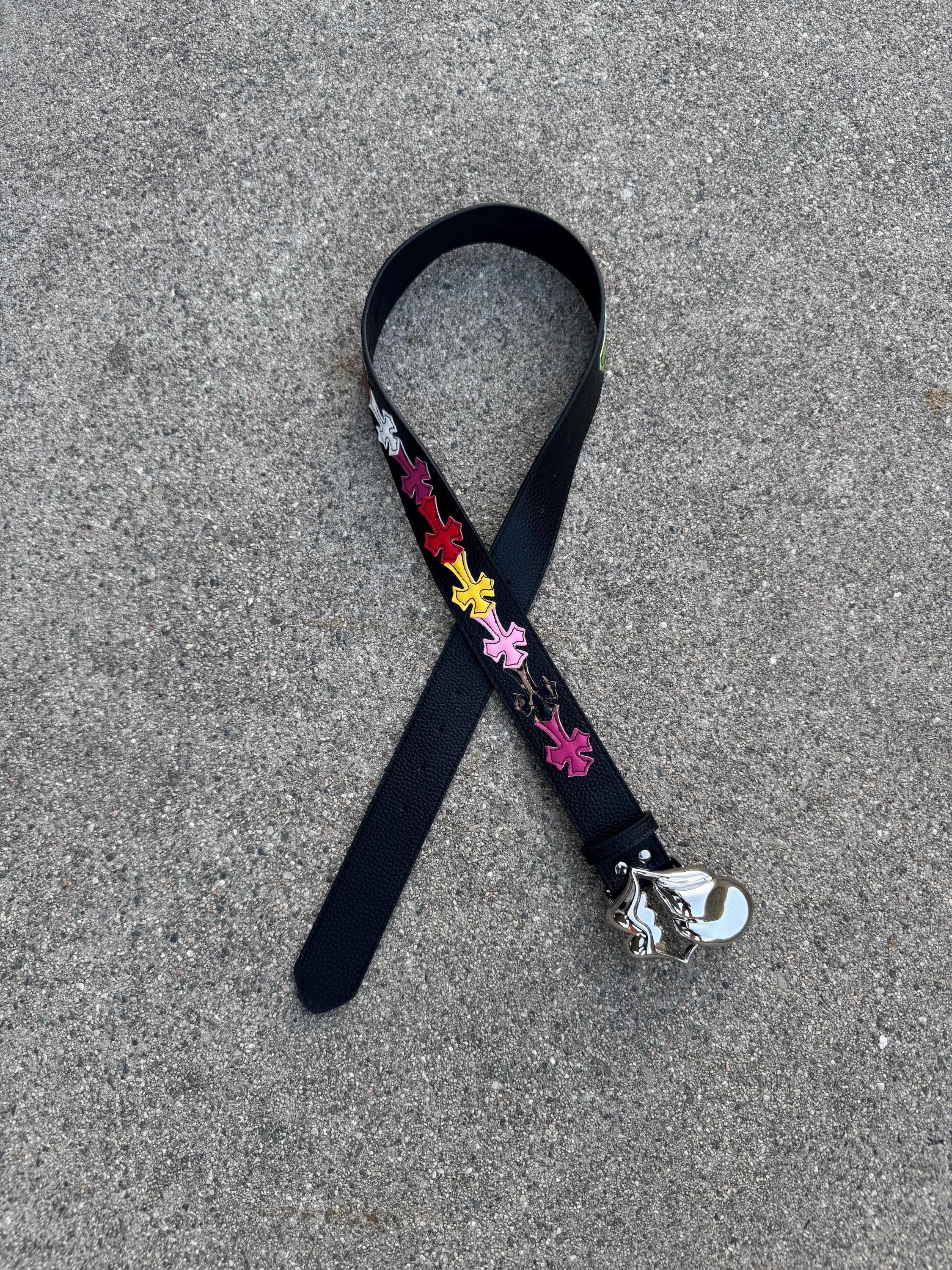 CH grunge silver Rolling Stones tounge belt leather crosses patch punk Y2K chrome silver e10