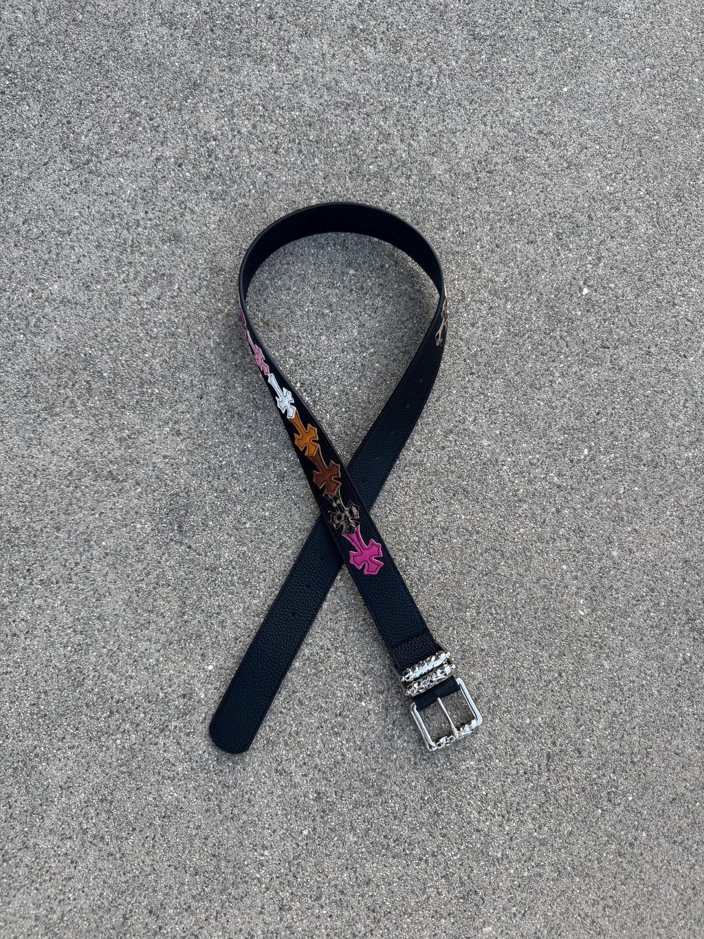 CH grunge silver roller belt leather crosses patch punk Y2K chrome silver e3