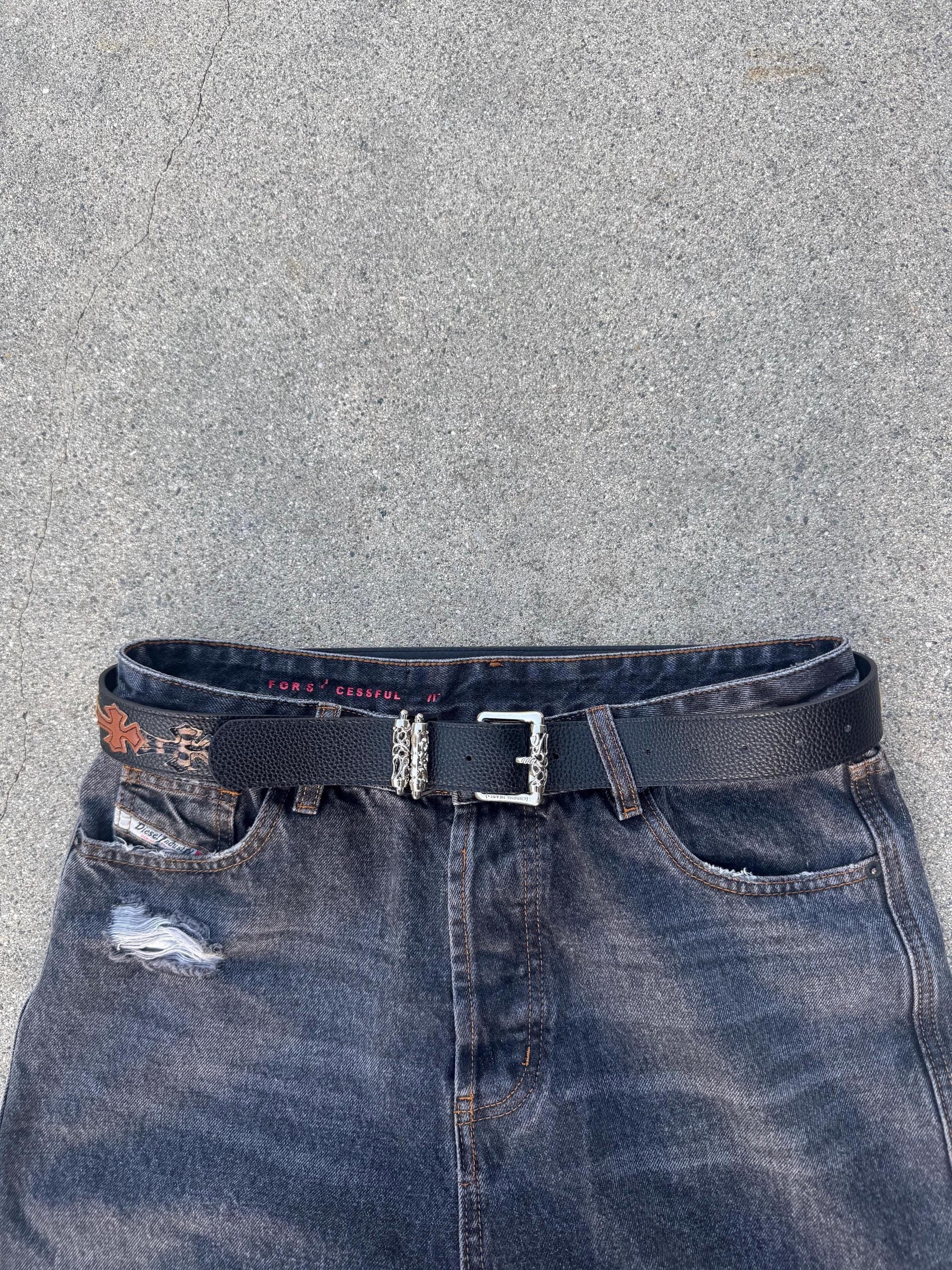 CH grunge silver roller belt leather crosses patch punk Y2K chrome silver e3