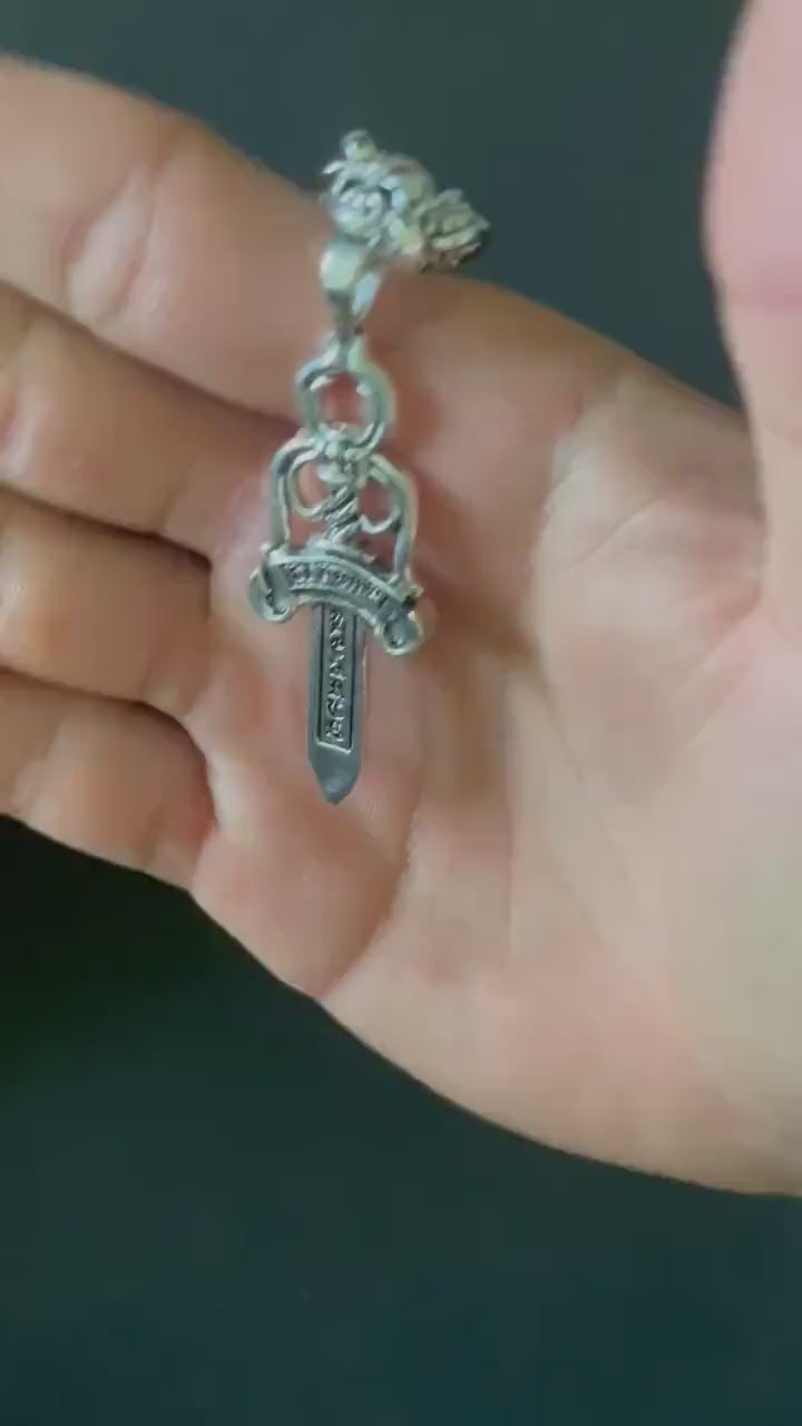 Ch gothic style sword y2k punk chrome silver necklace choke chain pendant heavy 20in a5