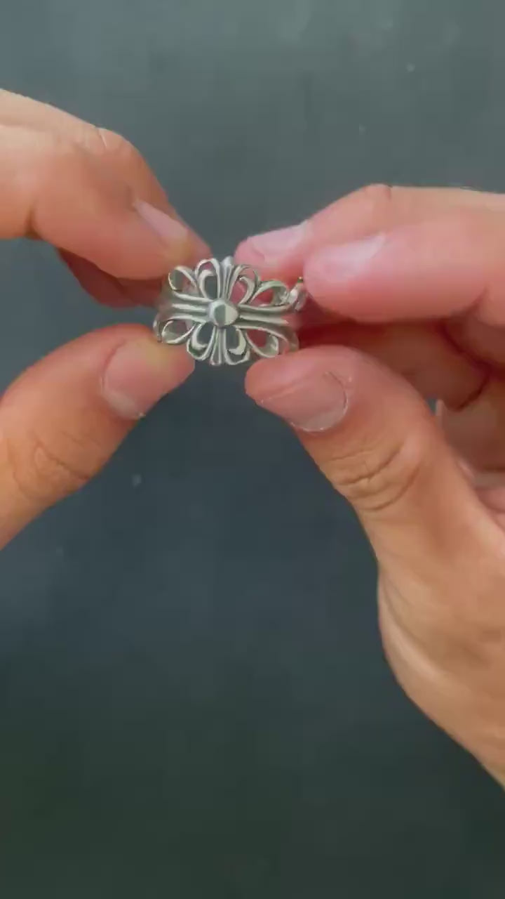 Ch gothic cross style ring y2k chrome silver punk crow croix flower charm chrome grunge adjustable size d5