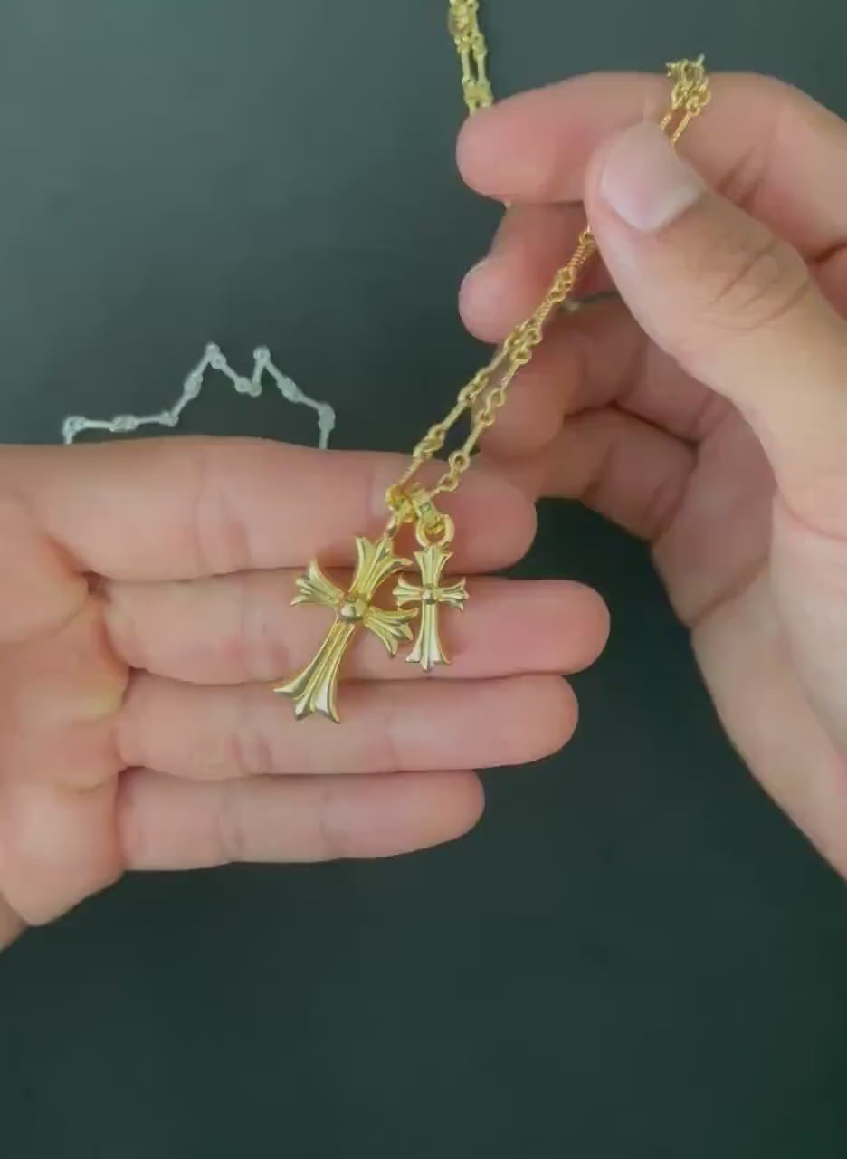 Ch diamond gothic style double cross  y2k punk chrome silver gold necklace choke chain pendant 23.5in for men and women a13