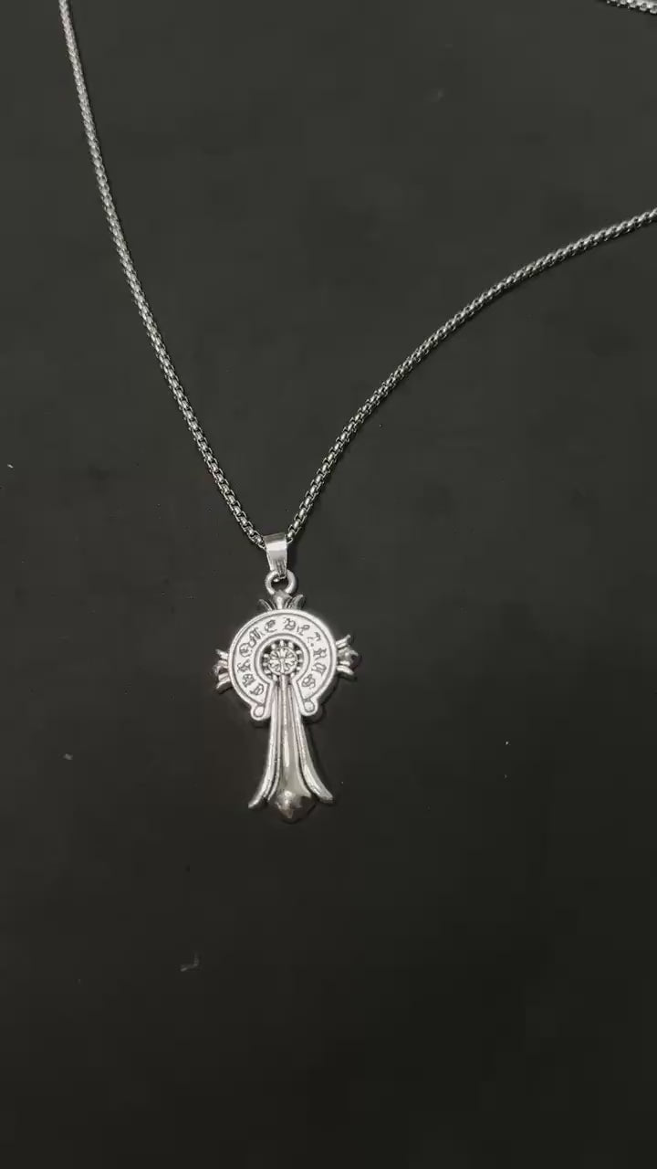 Ch gothic style y2k punk necklace chrome silver long chain pendant lightweight 24in a16