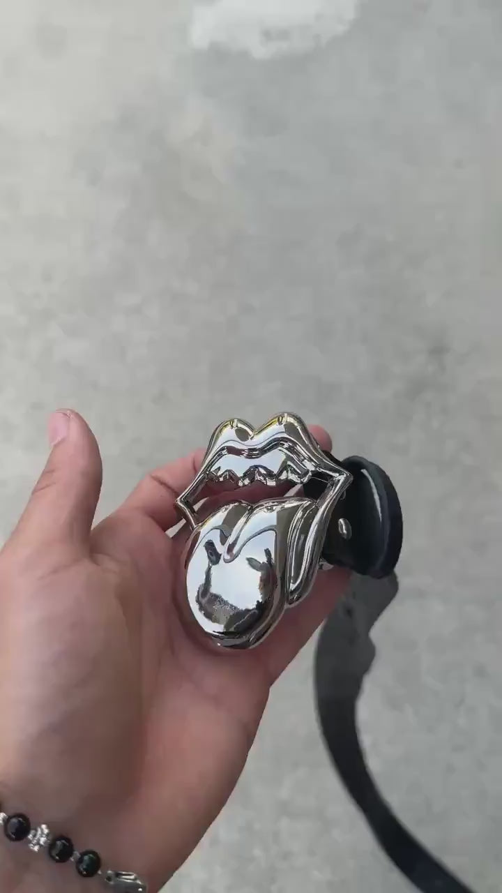 CH grunge silver Rolling Stones tounge belt leather crosses patch punk Y2K chrome silver e10