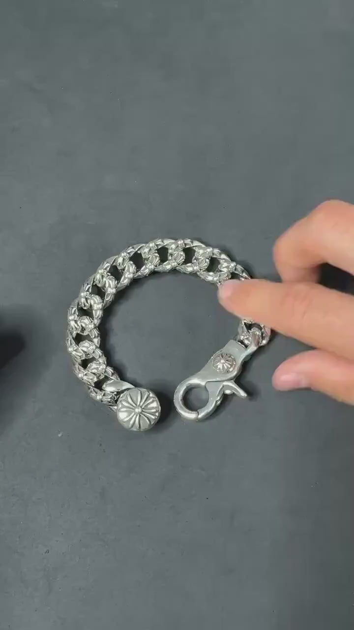 Ch gothic style y2k chrome silver punk engraved thick chrome bracelet grunge b9