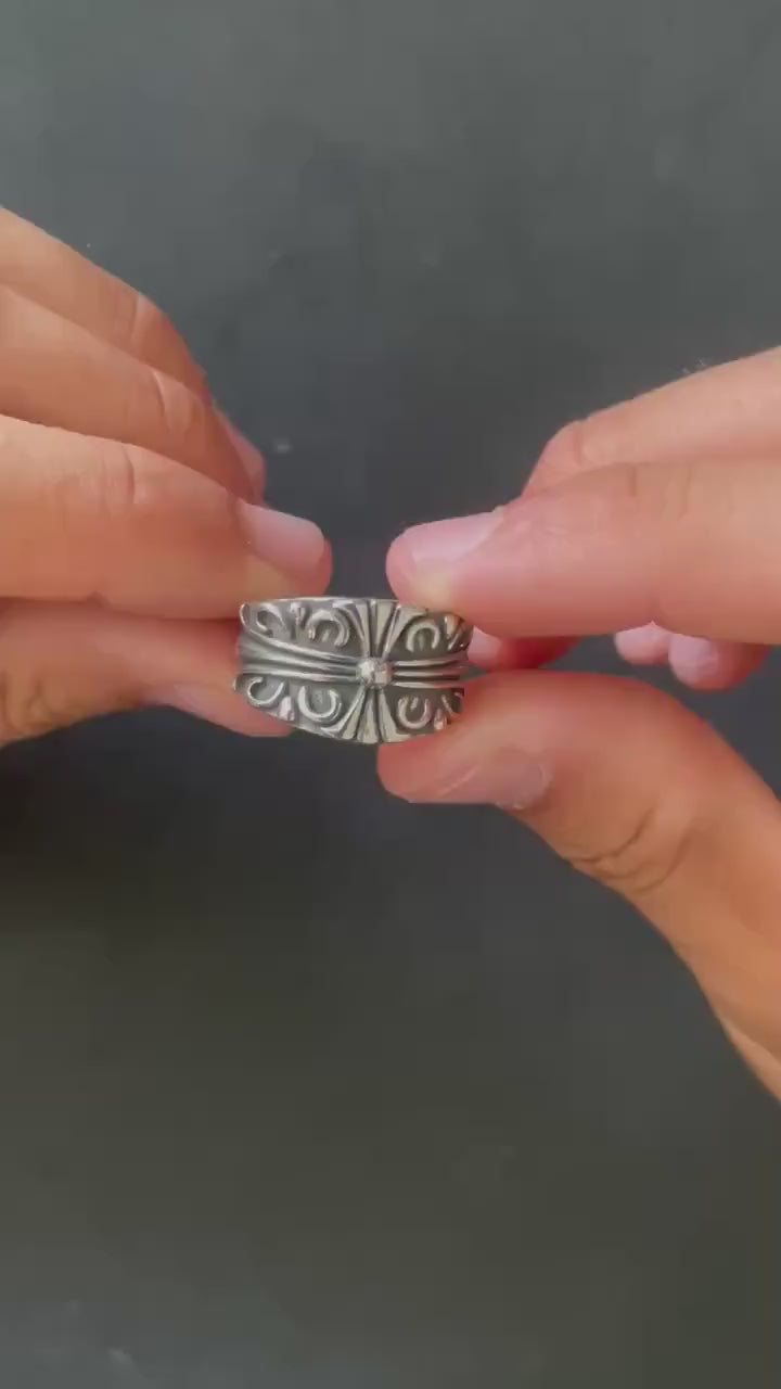 Ch gothic style ring y2k chrome silver punk crow croix flower charm chrome grunge adjustable size d3