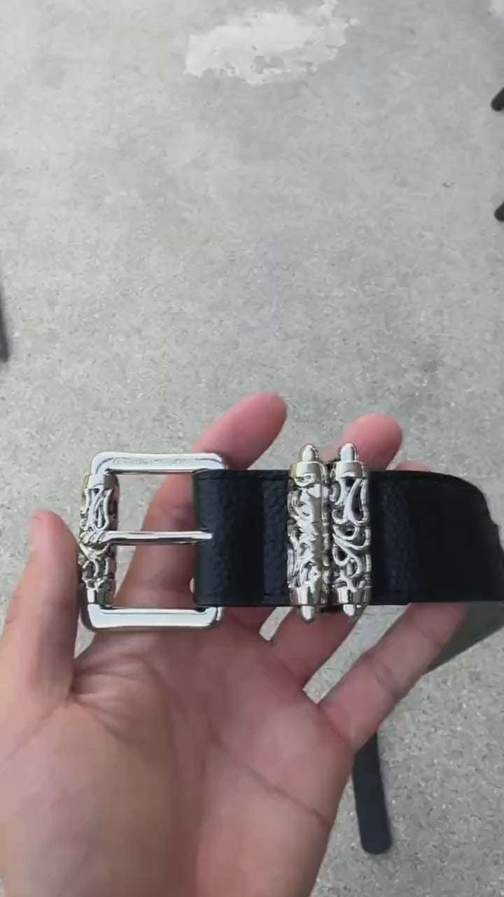 CH grunge black silver roller belt leather crosses patch punk Y2K chrome silver e7