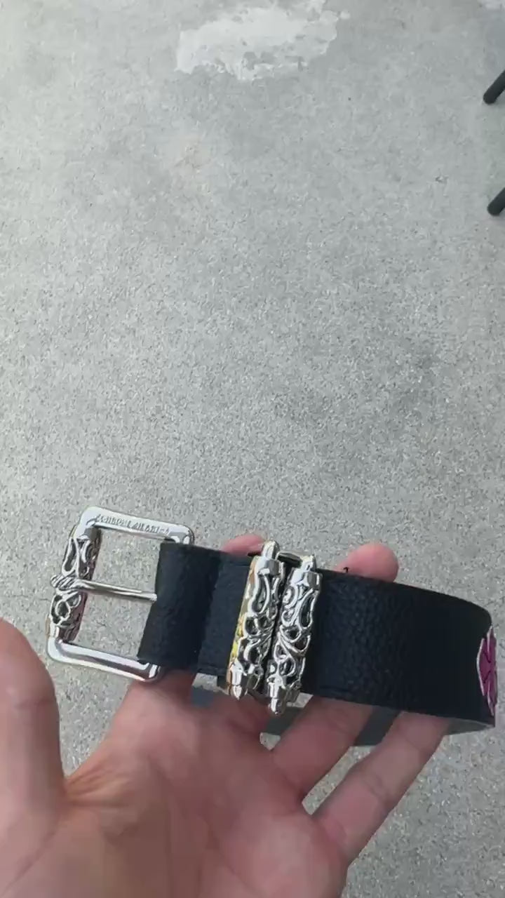 CH grunge silver roller belt leather crosses patch punk Y2K chrome silver e3