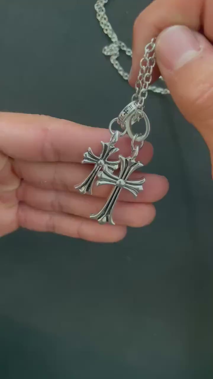 Ch gothic style y2k punk charm double cross necklace chrome silver choke chain pendant lightweight 24in a4