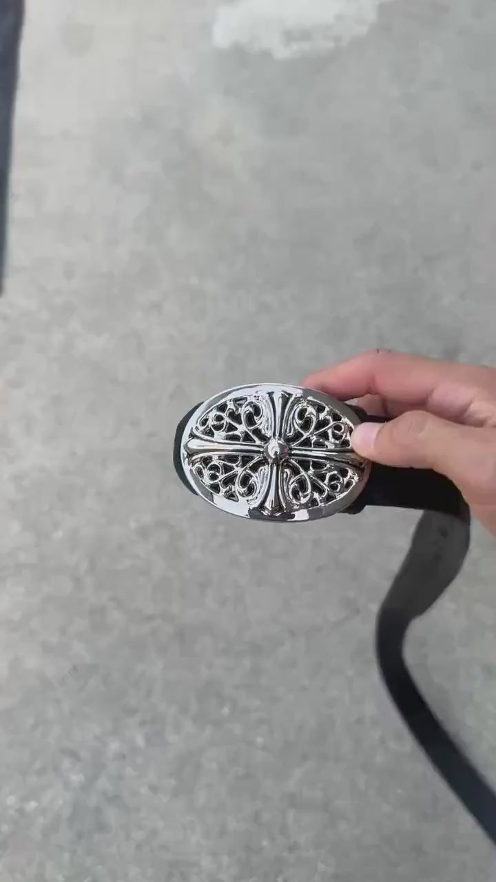 CH grunge silver stud belt leather crosses patch punk Y2K chrome silver e2