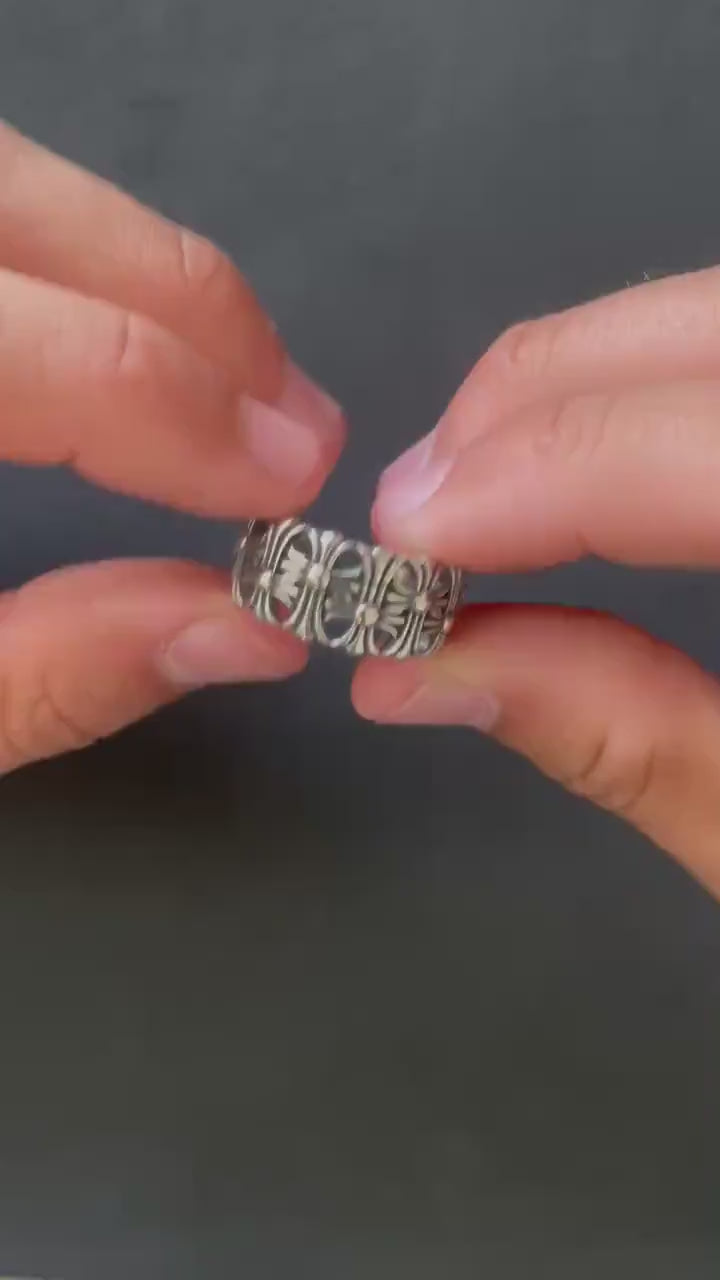 Ch gothic cross style ring y2k chrome silver punk crow croix flower charm chrome grunge adjustable size d1