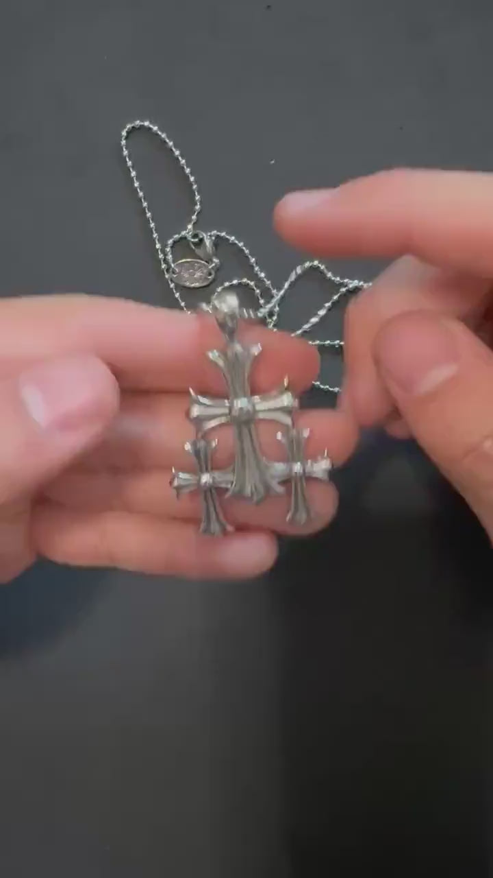 Ch gothic style y2k punk triple cross necklace chrome silver chain pendant 24in for men and women unisex a12